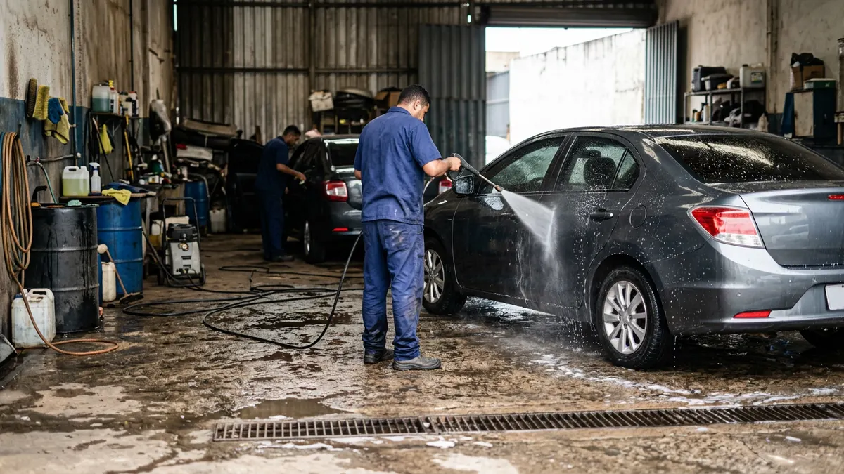 Pátio de estética automotiva: documentos e caixa separadora em dia evitam parada e apreensão.