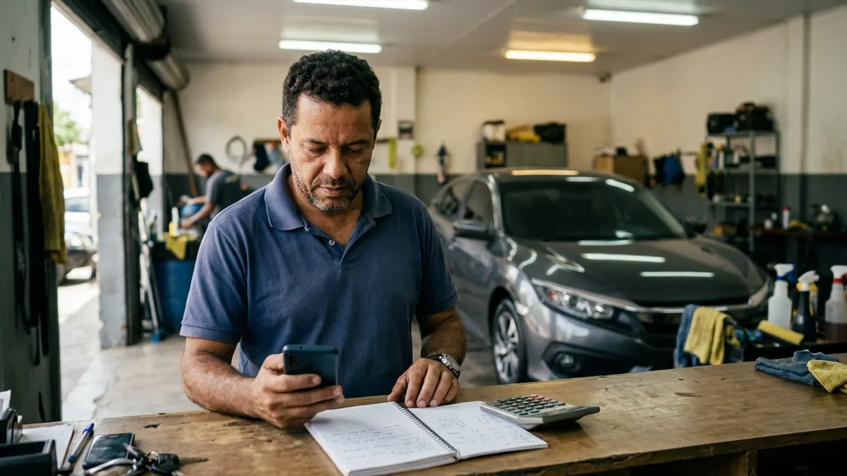 Dono de estética confere o caixa no balcão antes de decidir uma compra.