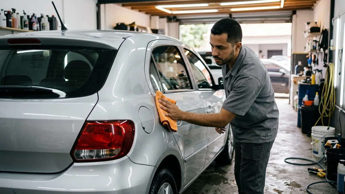 Carro recém-vitrificado sob luz de pátio: o brilho é o começo da conversa, não a garantia.
